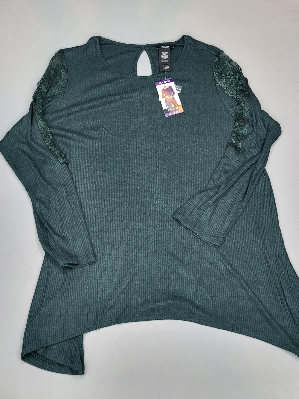 Premise Dark Teal Ribbed Lace-Accent Tunic
